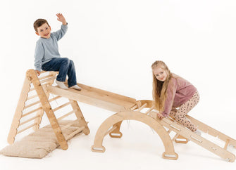5-in-1 Montessori-Klimrek Set: Driehoek Ladder + Klimboog/Schommelstoel + Glijbaan/Helling + Touwennet + Kussen