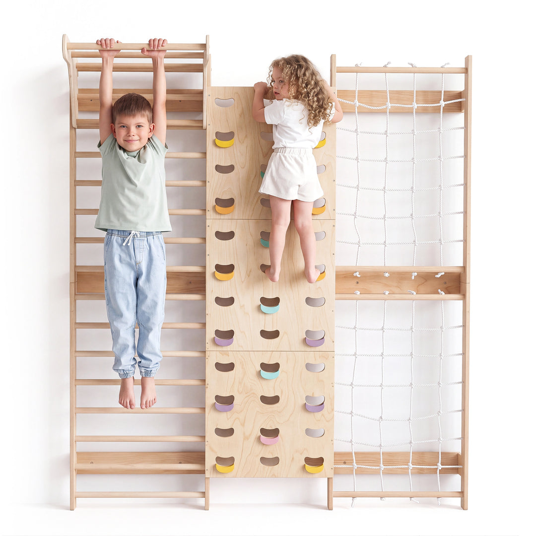 7-in-1 Klimmuur voor kinderen: klimrek, klimnet, optrekstang & 3in1 schommelset
