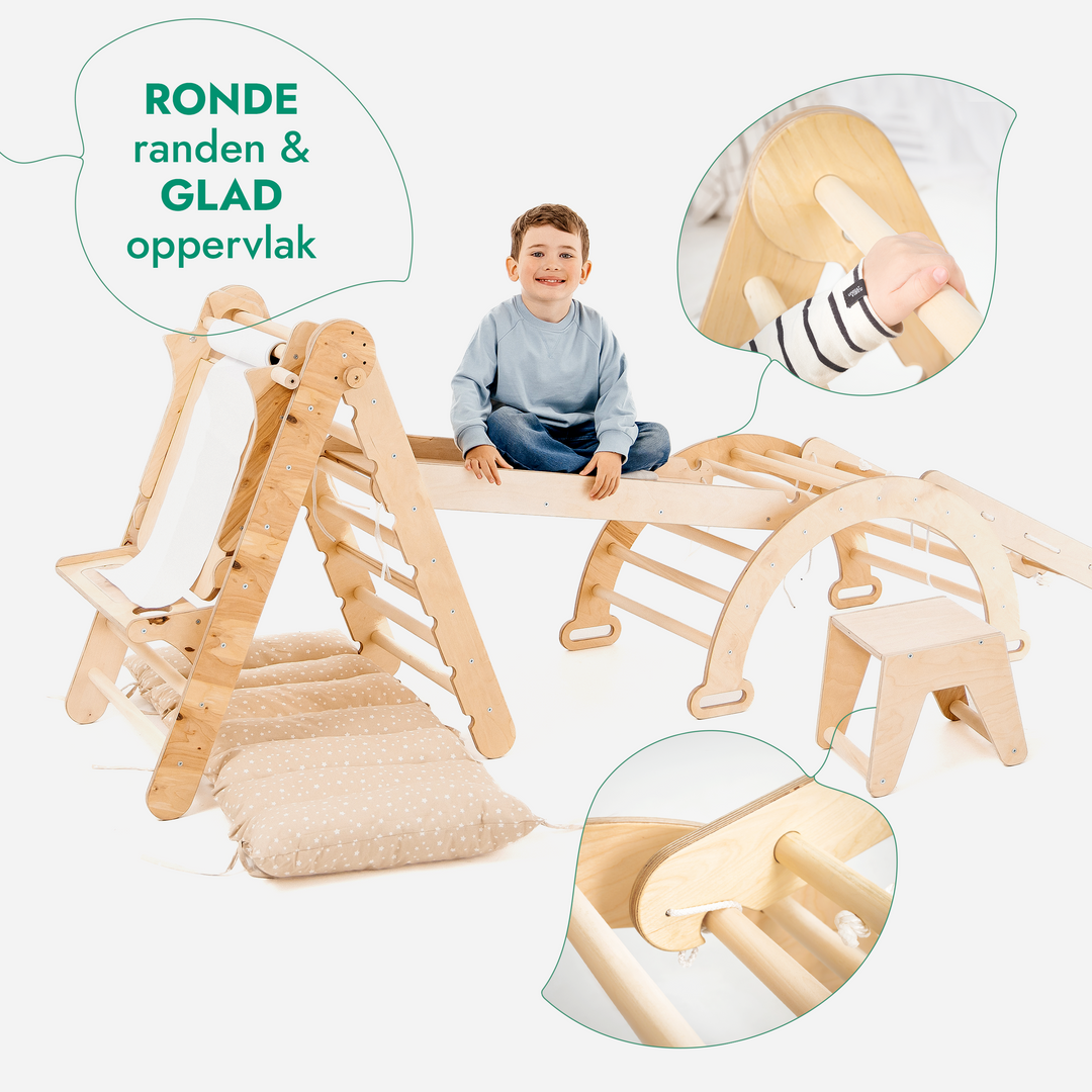 6-in-1 Montessori-Klimrek Set: Driehoek Ladder + Boog/Schommelstoel + Glijbaan/Helling + Net + Kussen + kunsttoevoeging