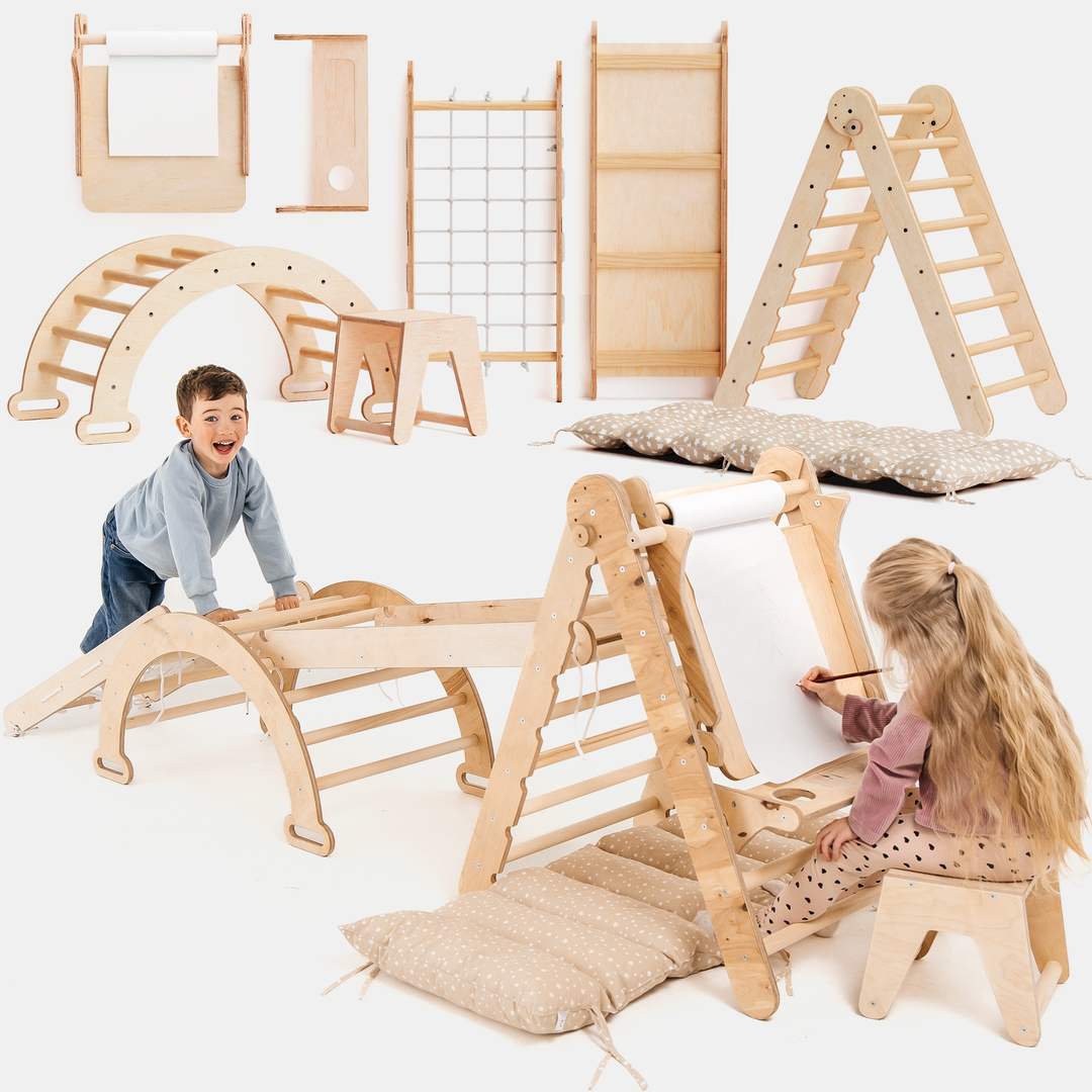 6-in-1 Montessori-Klimrek Set: Driehoek Ladder + Boog/Schommelstoel + Glijbaan/Helling + Net + Kussen + kunsttoevoeging