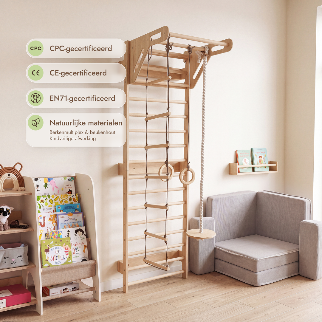 5-in-1 Houten Klimrek voor kinderen met optrekstang & 3in1 schommelset