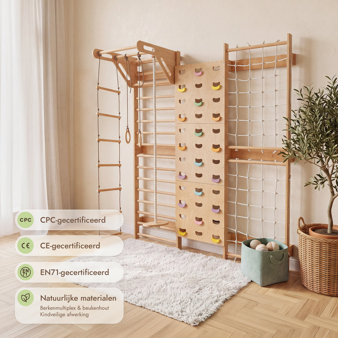 7-in-1 Klimmuur voor kinderen: klimrek, klimnet, optrekstang & 3in1 schommelset