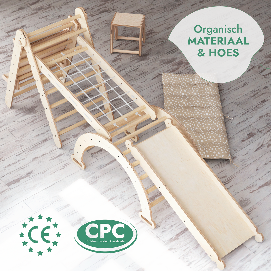 6-in-1 Montessori-Klimrek Set: Driehoek Ladder + Boog/Schommelstoel + Glijbaan/Helling + Net + Kussen + kunsttoevoeging