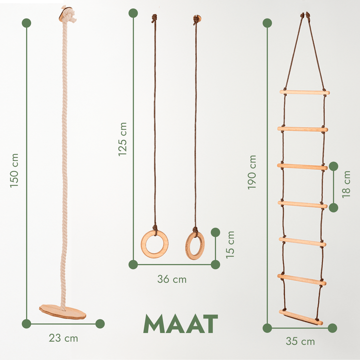 3-in-1 Schommel set: Touwladder + Gymnastiekringen + Schotelschommel