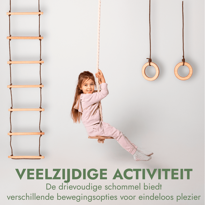 3-in-1 Schommel set: Touwladder + Gymnastiekringen + Schotelschommel