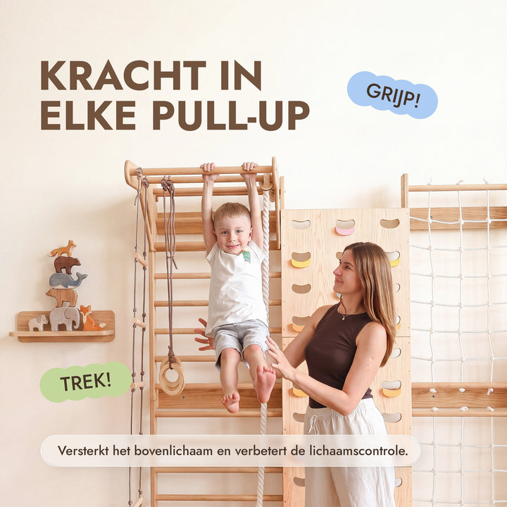 7-in-1 Klimmuur voor kinderen: klimrek, klimnet, optrekstang & 3in1 schommelset