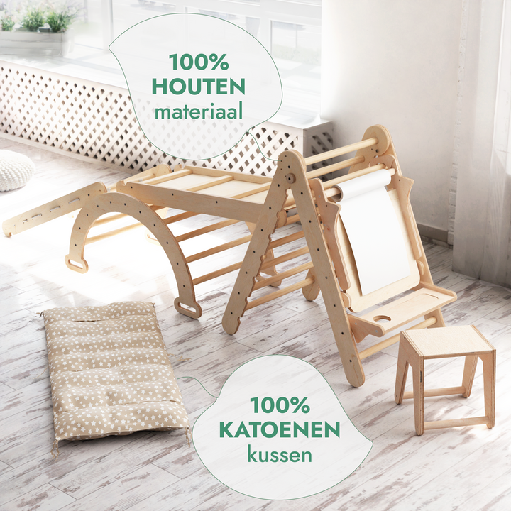 6-in-1 Montessori-Klimrek Set: Driehoek Ladder + Boog/Schommelstoel + Glijbaan/Helling + Net + Kussen + kunsttoevoeging