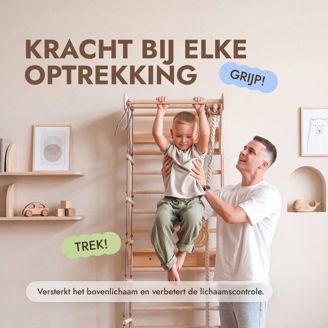 5-in-1 Houten Klimrek voor kinderen met optrekstang & 3in1 schommelset