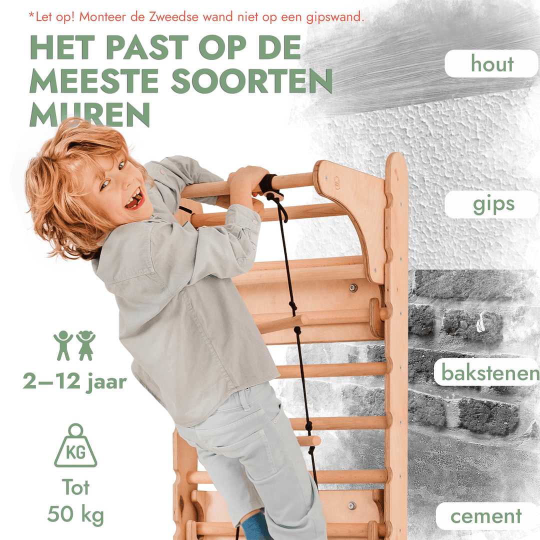 4-in-1 Houten Zweedse Wand-/Klimladder voor Kinderen + Schommel Set + Glijbaan + Kunsttoevoeging