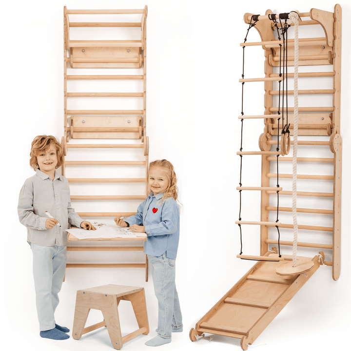 4-in-1 Houten Zweedse Wand-/Klimladder voor Kinderen + Schommel Set + Glijbaan + Kunsttoevoeging