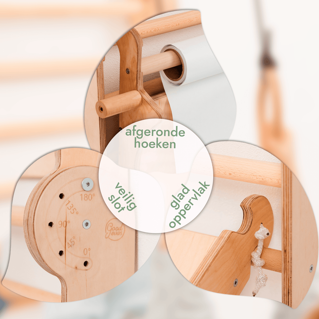 4-in-1 Houten Zweedse Wand-/Klimladder voor Kinderen + Schommel Set + Glijbaan + Kunsttoevoeging
