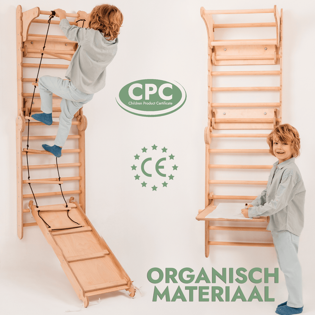 4-in-1 Houten Zweedse Wand-/Klimladder voor Kinderen + Schommel Set + Glijbaan + Kunsttoevoeging