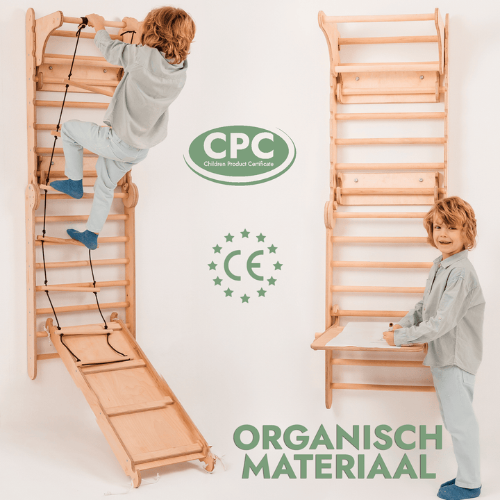 4-in-1 Houten Zweedse Wand-/Klimladder voor Kinderen + Schommel Set + Glijbaan + Kunsttoevoeging