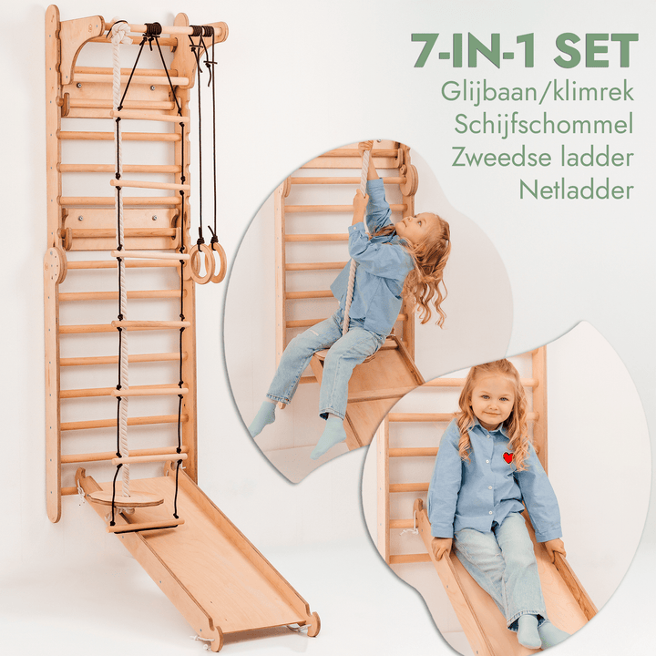 4-in-1 Houten Zweedse Wand-/Klimladder voor Kinderen + Schommel Set + Glijbaan + Kunsttoevoeging