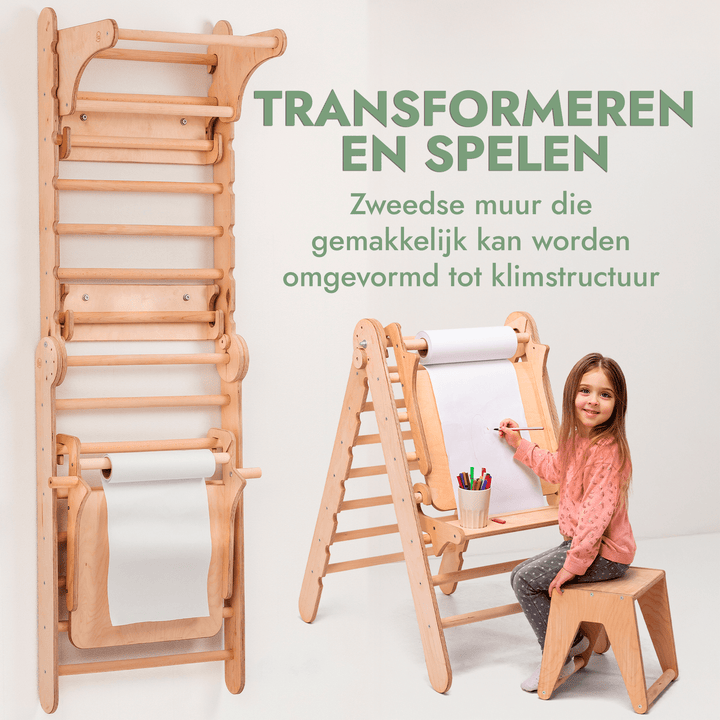 4-in-1 Houten Zweedse Wand-/Klimladder voor Kinderen + Schommel Set + Glijbaan + Kunsttoevoeging