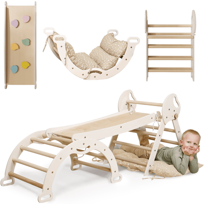 4-in-1 Montessori Klimset voor Peuters: Pikler Driehoek + Klimboog + Glijbaan + Kussen – Ivoor (1-3 jaar)