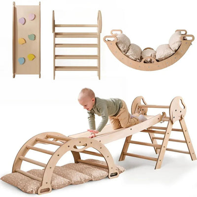 4-in-1 Klimset voor Peuters: Driehoek Ladder + Klimboog + Glijbaan + Kussen (1-3 jaar)