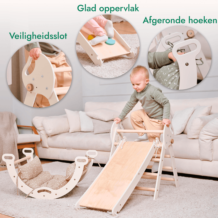 4-in-1 Klimset voor Peuters: Driehoek Ladder + Klimboog + Glijbaan + Kussen (1-3 jaar)