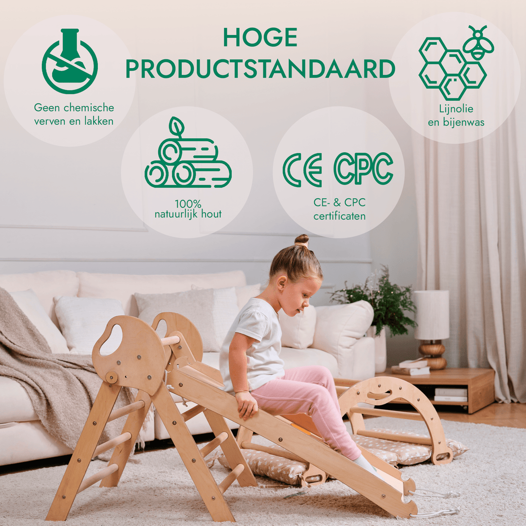 4-in-1 Klimset voor Peuters: Driehoek Ladder + Klimboog + Glijbaan + Kussen (1-3 jaar)