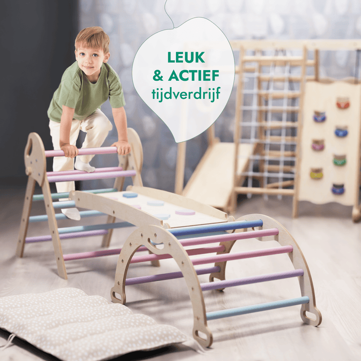4-in-1 Klimset voor Peuters: Driehoek Ladder + Klimboog + Glijbaan + Kussen (1-3 jaar) - Pastel