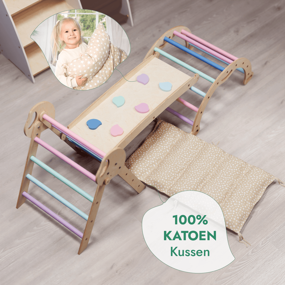 4-in-1 Klimset voor Peuters: Driehoek Ladder + Klimboog + Glijbaan + Kussen (1-3 jaar) - Pastel