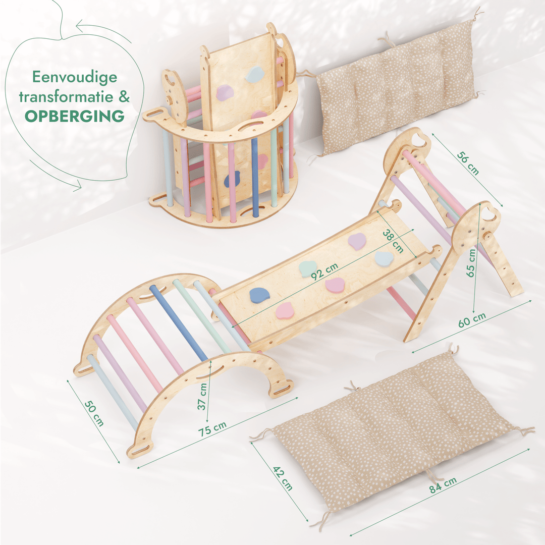 4-in-1 Klimset voor Peuters: Driehoek Ladder + Klimboog + Glijbaan + Kussen (1-3 jaar) - Pastel