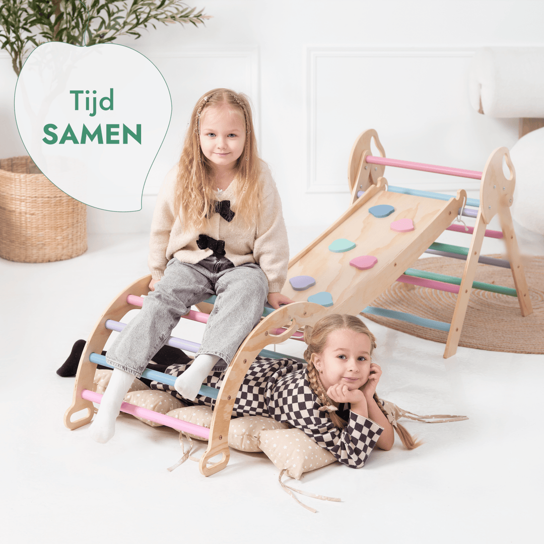 4-in-1 Klimset voor Peuters: Driehoek Ladder + Klimboog + Glijbaan + Kussen (1-3 jaar) - Pastel