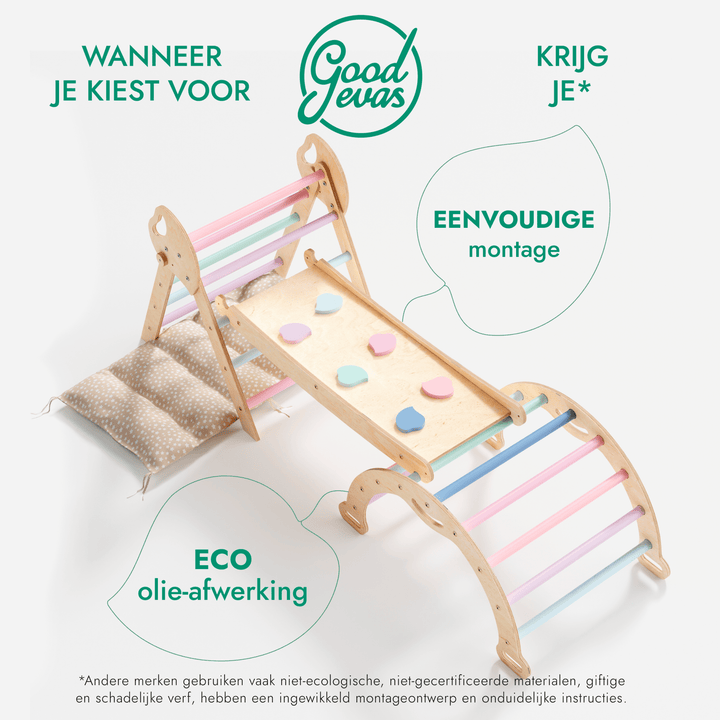 4-in-1 Klimset voor Peuters: Driehoek Ladder + Klimboog + Glijbaan + Kussen (1-3 jaar) - Pastel