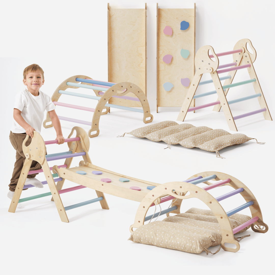 4-in-1 Klimset voor Peuters: Driehoek Ladder + Klimboog + Glijbaan + Kussen (1-3 jaar) - Pastel