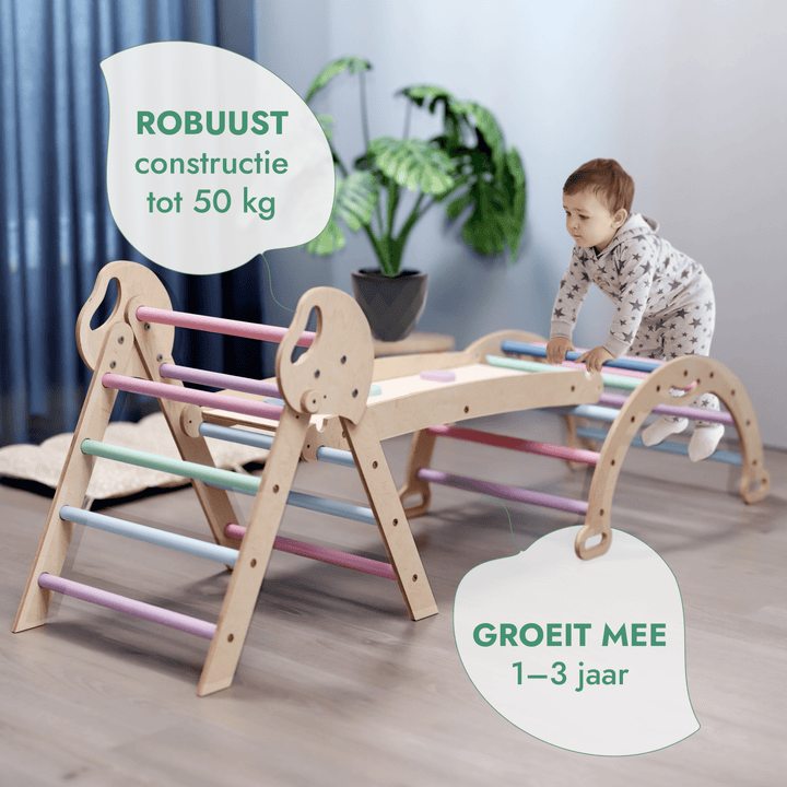 4-in-1 Klimset voor Peuters: Driehoek Ladder + Klimboog + Glijbaan + Kussen (1-3 jaar) - Pastel