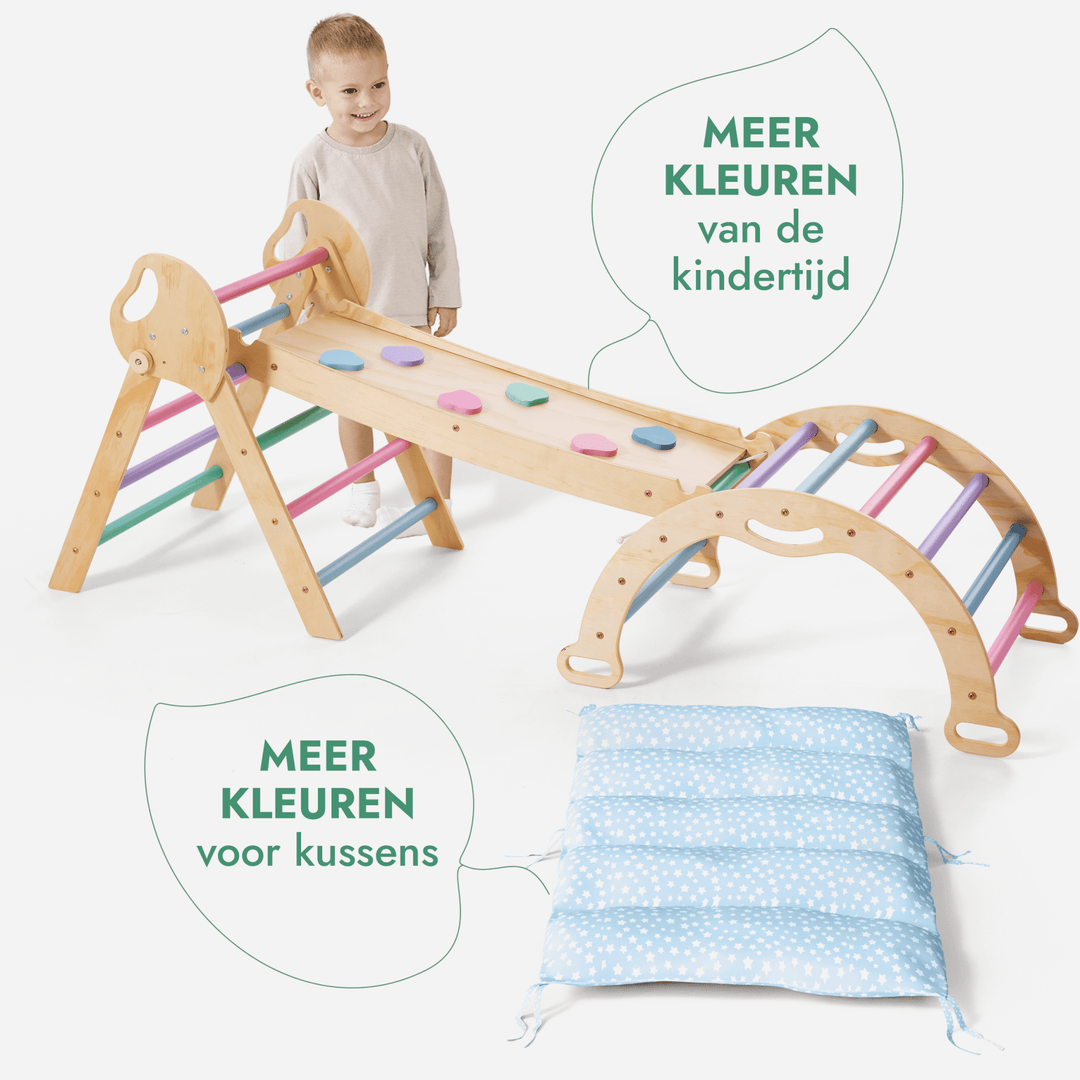 4-in-1 Klimset voor Peuters: Driehoek Ladder + Klimboog + Glijbaan + Kussen (1-3 jaar) - Pastel
