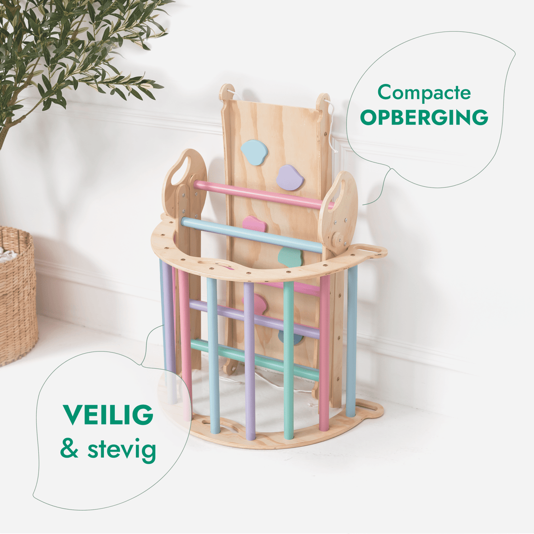 4-in-1 Klimset voor Peuters: Driehoek Ladder + Klimboog + Glijbaan + Kussen (1-3 jaar) - Pastel