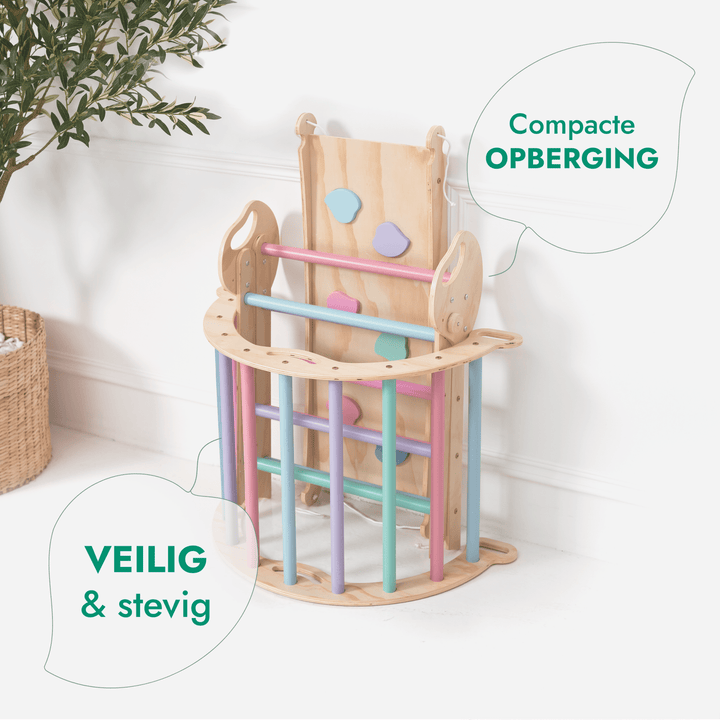 4-in-1 Klimset voor Peuters: Driehoek Ladder + Klimboog + Glijbaan + Kussen (1-3 jaar) - Pastel