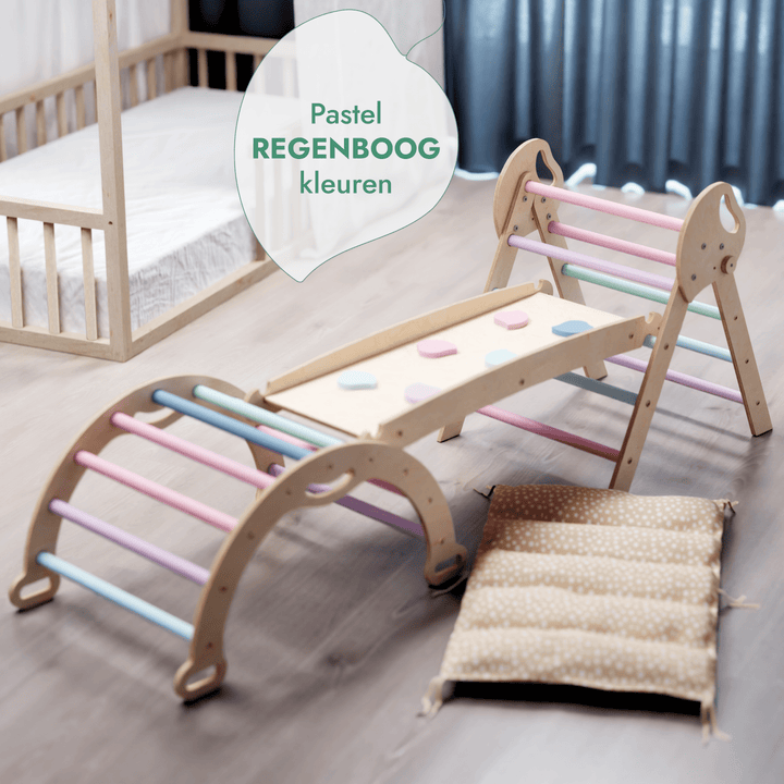 4-in-1 Klimset voor Peuters: Driehoek Ladder + Klimboog + Glijbaan + Kussen (1-3 jaar) - Pastel