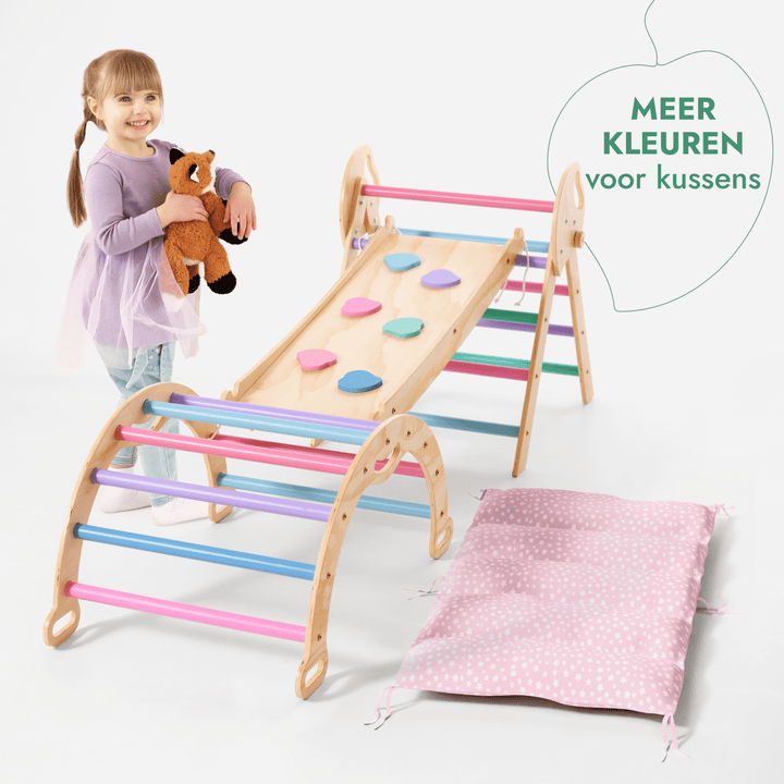 4-in-1 Klimset voor Peuters: Driehoek Ladder + Klimboog + Glijbaan + Kussen (1-3 jaar) - Pastel