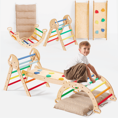 4-in-1 Klimset voor Peuters: Driehoek Ladder + Klimboog + Glijbaan + Kussen (1-3 jaar) - Regenboog