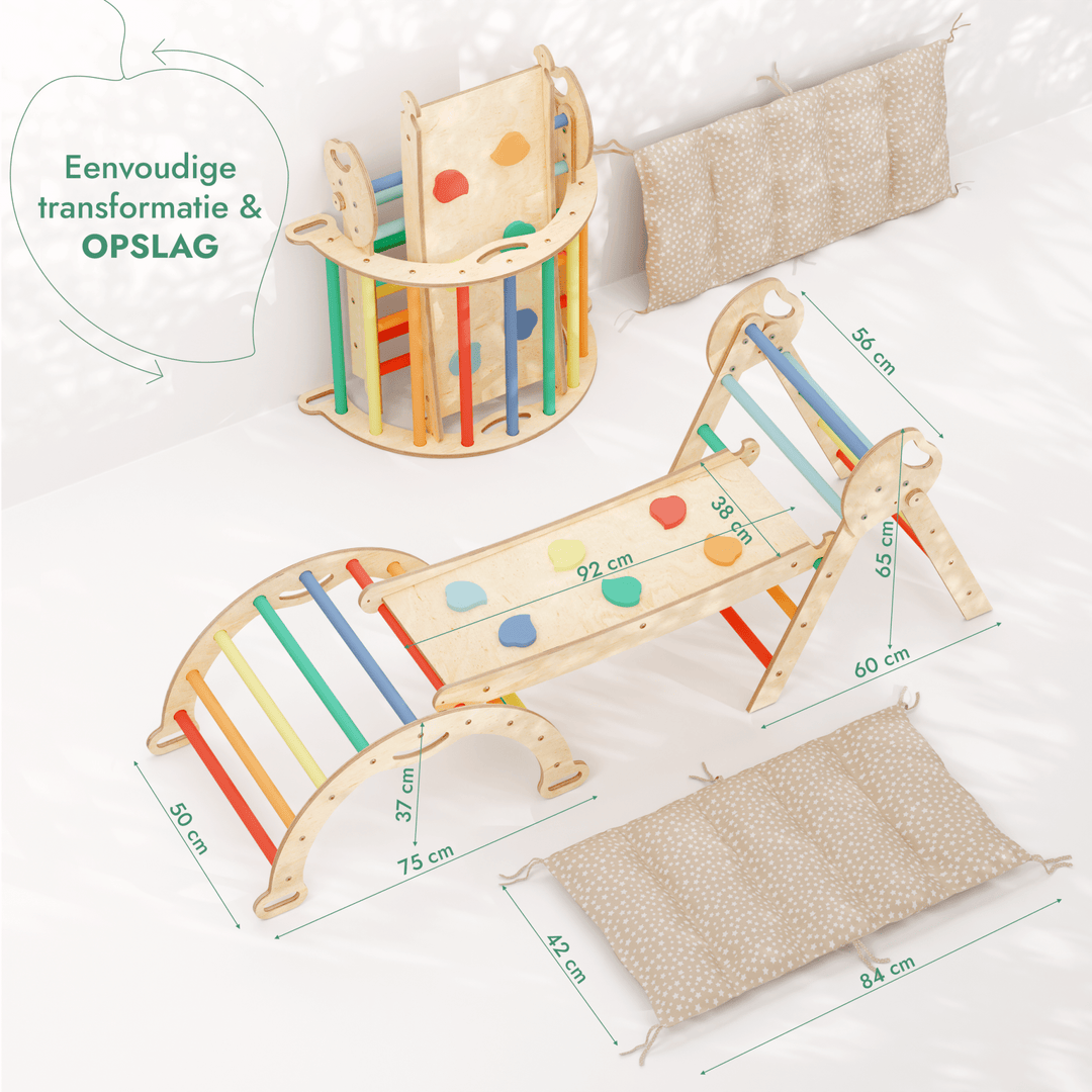 4-in-1 Klimset voor Peuters: Driehoek Ladder + Klimboog + Glijbaan + Kussen (1-3 jaar) - Regenboog