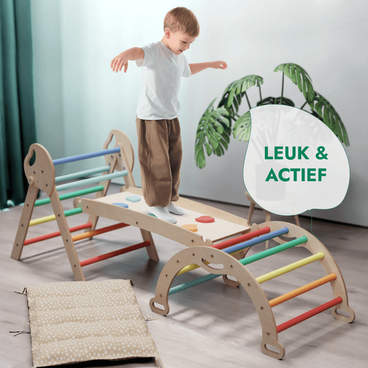 4-in-1 Klimset voor Peuters: Driehoek Ladder + Klimboog + Glijbaan + Kussen (1-3 jaar) - Regenboog