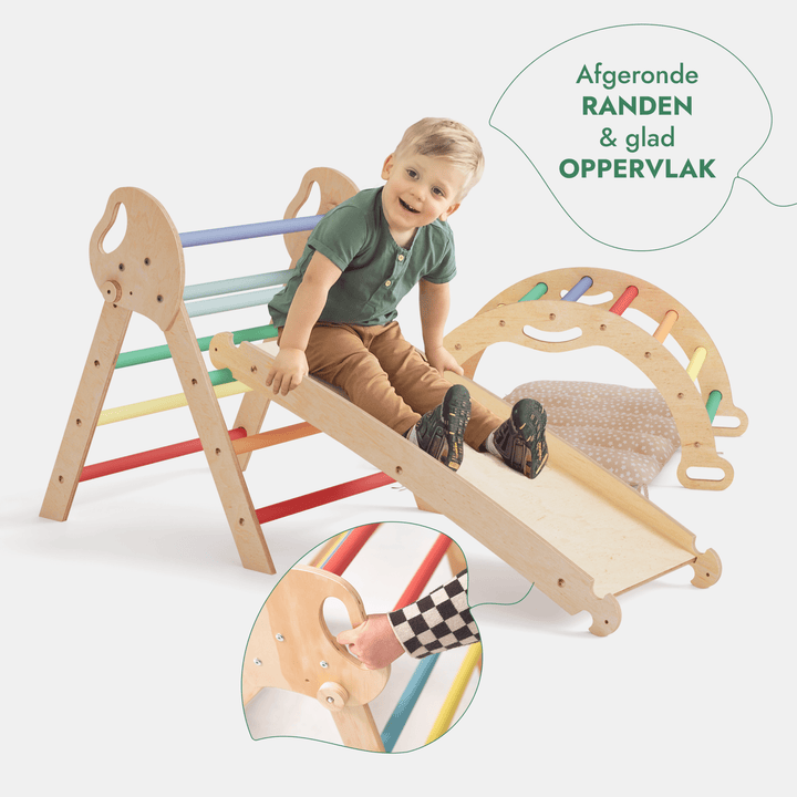 4-in-1 Klimset voor Peuters: Driehoek Ladder + Klimboog + Glijbaan + Kussen (1-3 jaar) - Regenboog