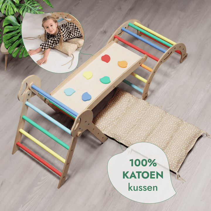 4-in-1 Klimset voor Peuters: Driehoek Ladder + Klimboog + Glijbaan + Kussen (1-3 jaar) - Regenboog