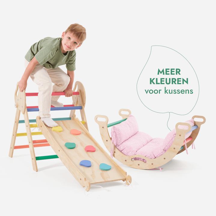 4-in-1 Klimset voor Peuters: Driehoek Ladder + Klimboog + Glijbaan + Kussen (1-3 jaar) - Regenboog