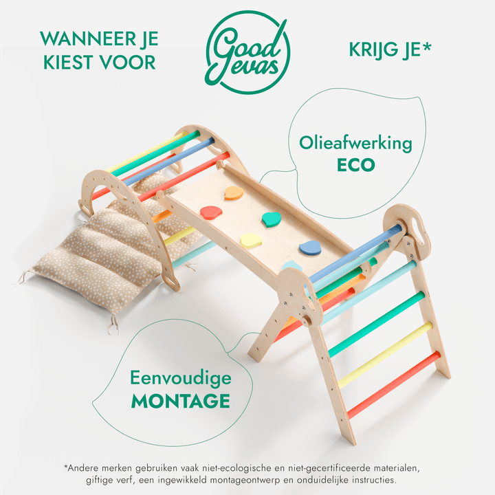 4-in-1 Klimset voor Peuters: Driehoek Ladder + Klimboog + Glijbaan + Kussen (1-3 jaar) - Regenboog