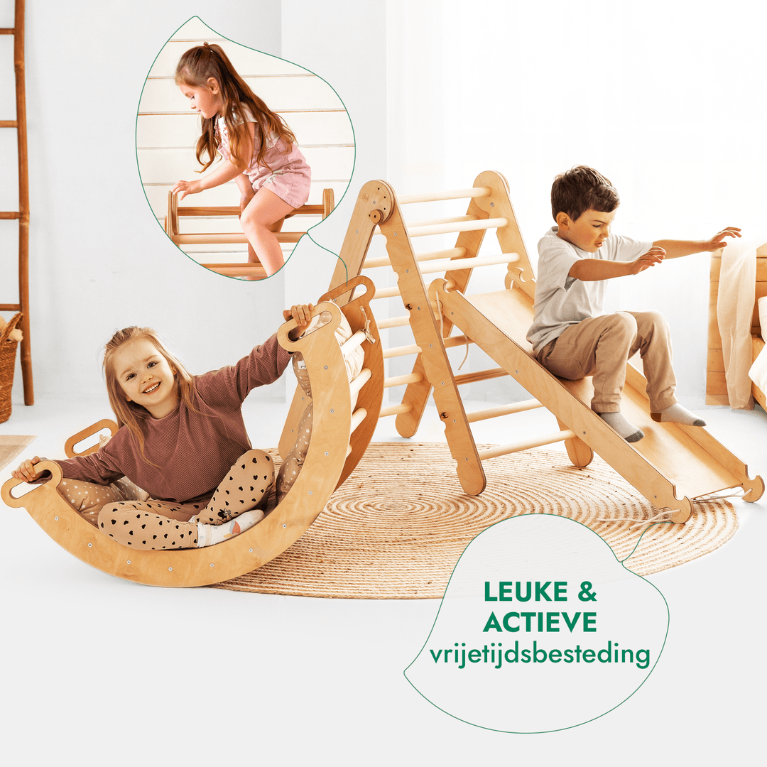 4-in-1 Montessori-Klimrek: Driehoek Ladder + Klimboog + Glijbaan + Kussen Beige