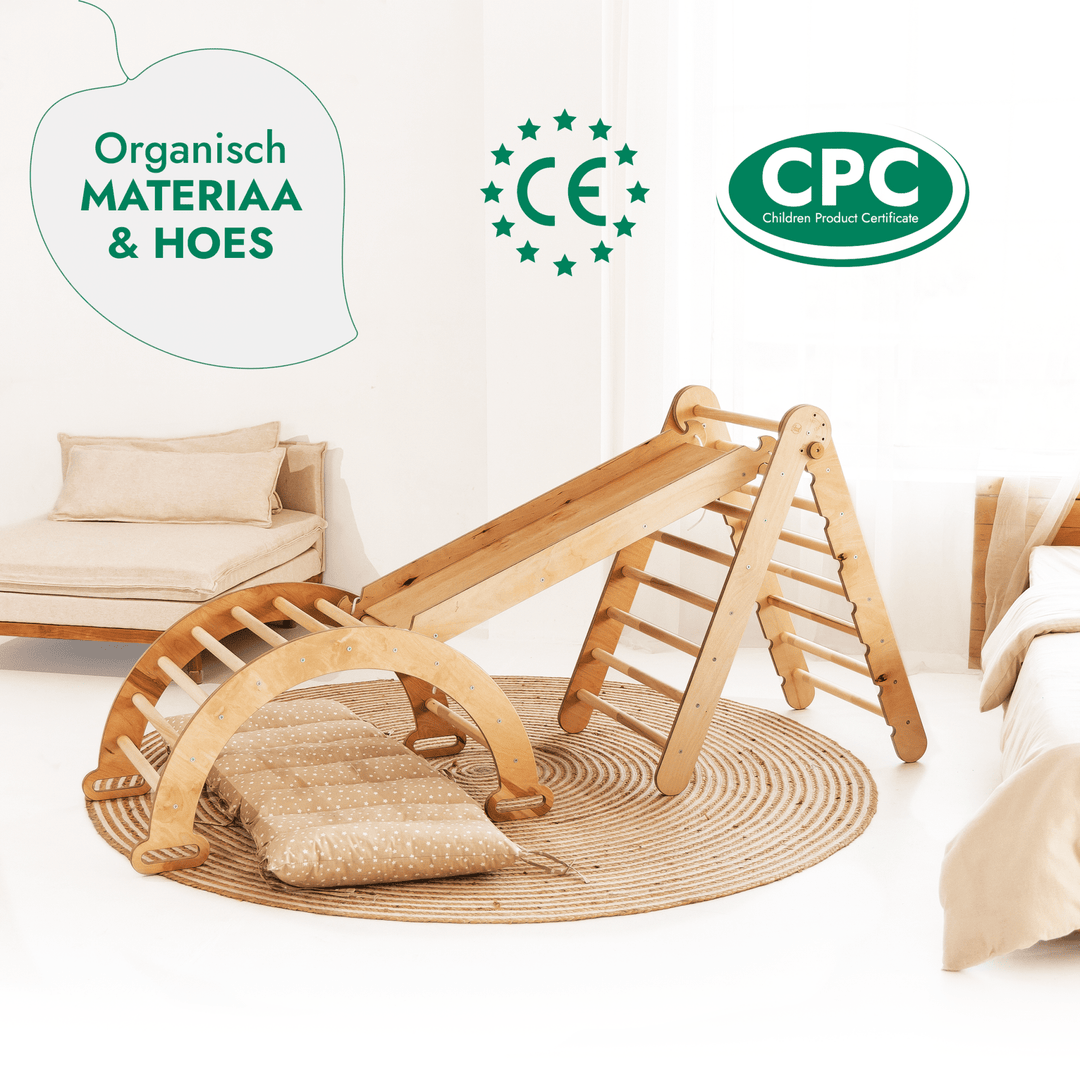 4-in-1 Montessori-Klimrek: Driehoek Ladder + Klimboog + Glijbaan + Kussen Beige