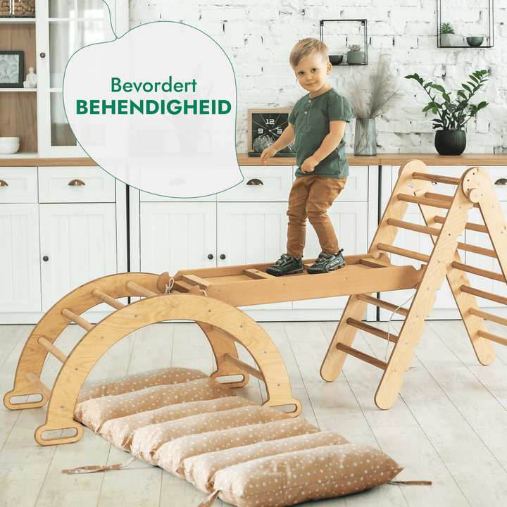 4-in-1 Montessori-Klimrek: Driehoek Ladder + Klimboog + Glijbaan + Kussen Beige