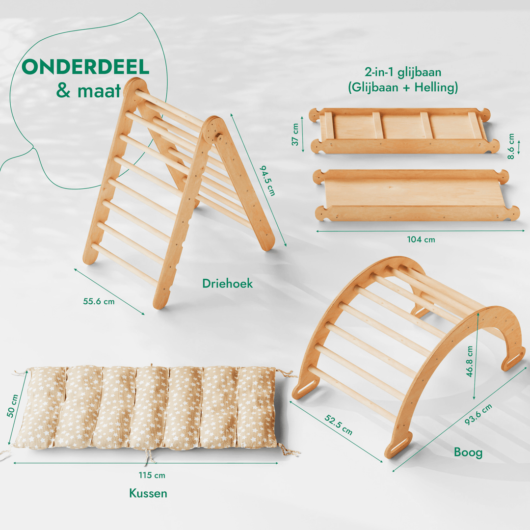 4-in-1 Montessori-Klimrek: Driehoek Ladder + Klimboog + Glijbaan + Kussen Beige