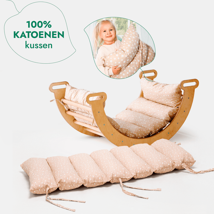 4-in-1 Montessori-Klimrek: Driehoek Ladder + Klimboog + Glijbaan + Kussen Beige