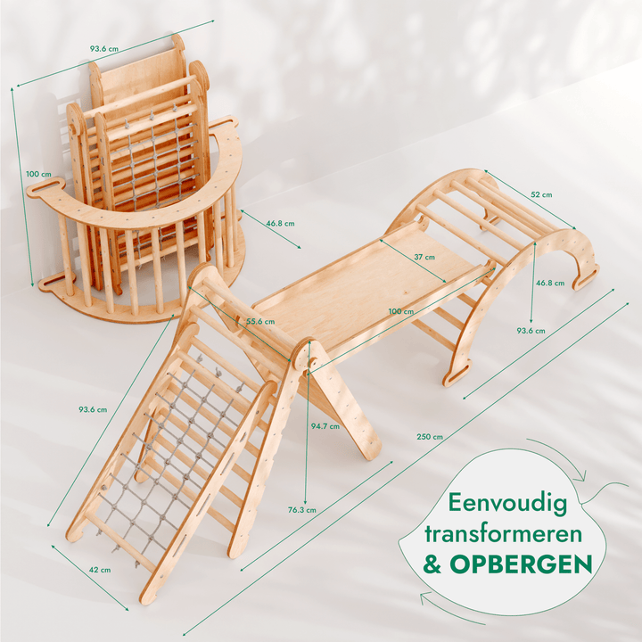 4-in-1 Montessori-klimrekset: Driehoek Ladder + Boog/Schommelstoel + Glijbaan/Helling + Touwennet