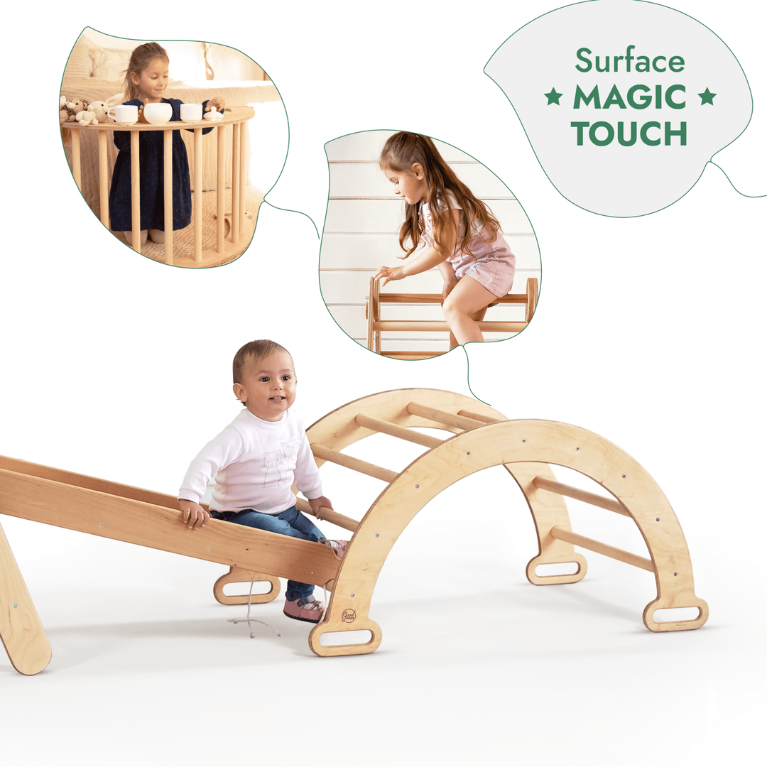 4-in-1 Montessori-klimrekset: Driehoek Ladder + Boog/Schommelstoel + Glijbaan/Helling + Touwennet