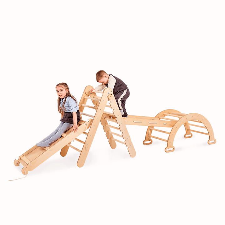 4-in-1 Montessori-klimrekset: Driehoek Ladder + Boog/Schommelstoel + Glijbaan/Helling + Touwennet